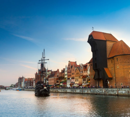 Harbor at Motlawa river with old town of Gdansk in Poland.