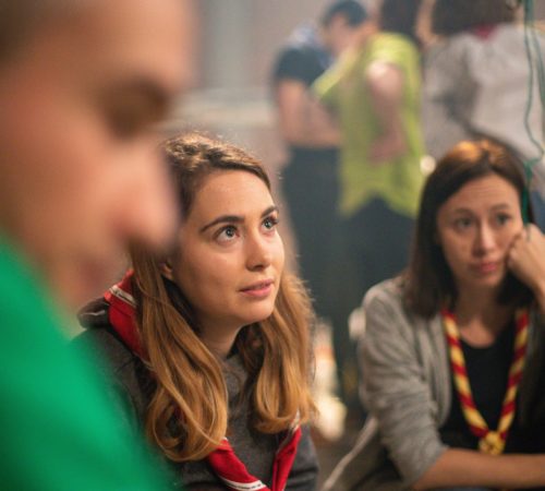 Participants play a game during a Head of Contingents (HoC) meeting as a media members shoot a music video at the ATM studio for the European Jamboree 2020 (EJ2020), in Warsaw, Poland February 1, 2020. ZHP/Kamil Jasinski